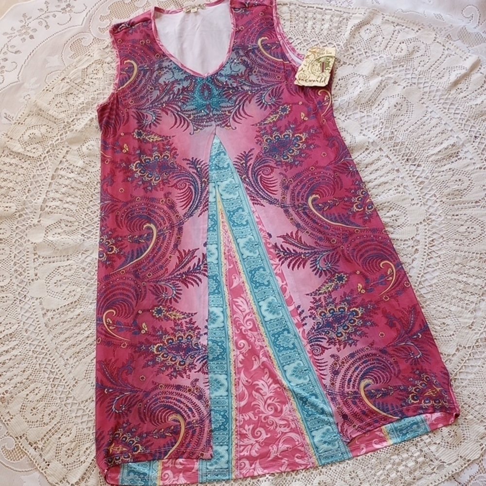 One World Pink, Blue. & Yellow Printed Sleeveless Dress, Sz Large, NWT
